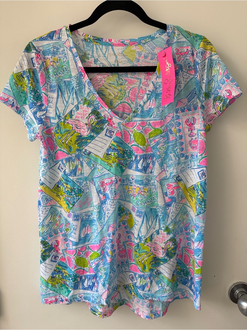 Lilly Pulitzer Bright Etta V neck tee shirt wish you were here